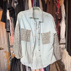 Light Wash Denim Shirt with Leopard Print Pockets & Sleeves